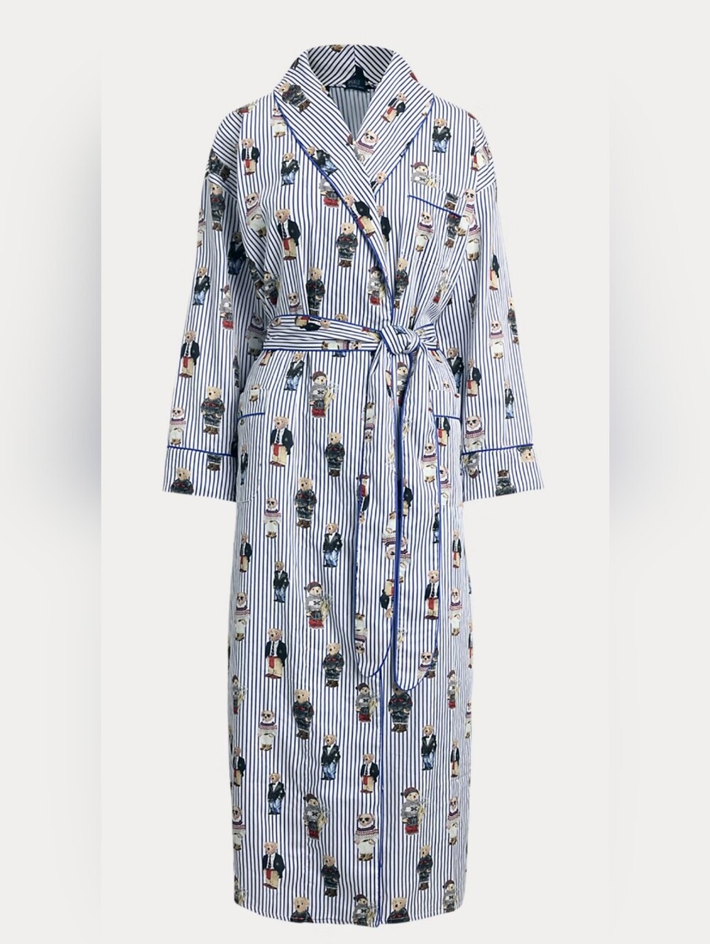 Polo Ralph Lauren Striped Polo Iconic Bear Cotton Sateen Robe In Oxford Blue S/M